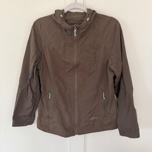 Eddie Bauer Women's Windbreaker Jacket Brown Raincoat Hood‎ Full Zip  Pockets L